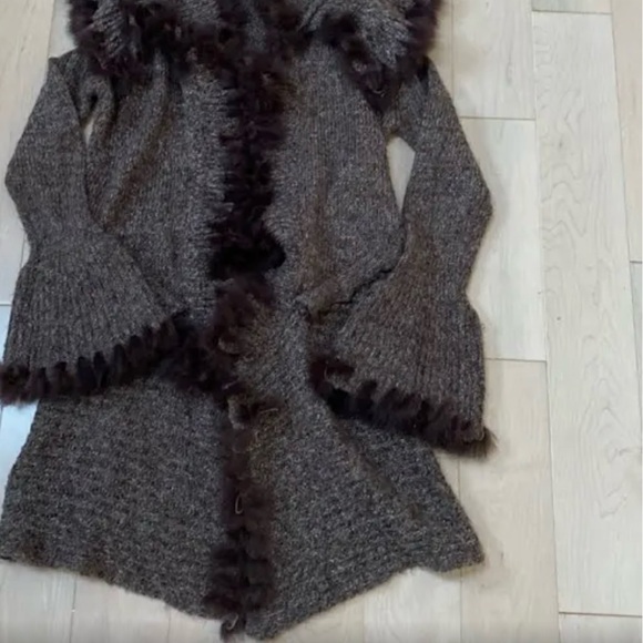 Tempo Paris Brown Rabbit Fur Trim Long Snap Sweater Coat s M/L worn once Cute! - Picture 3 of 9